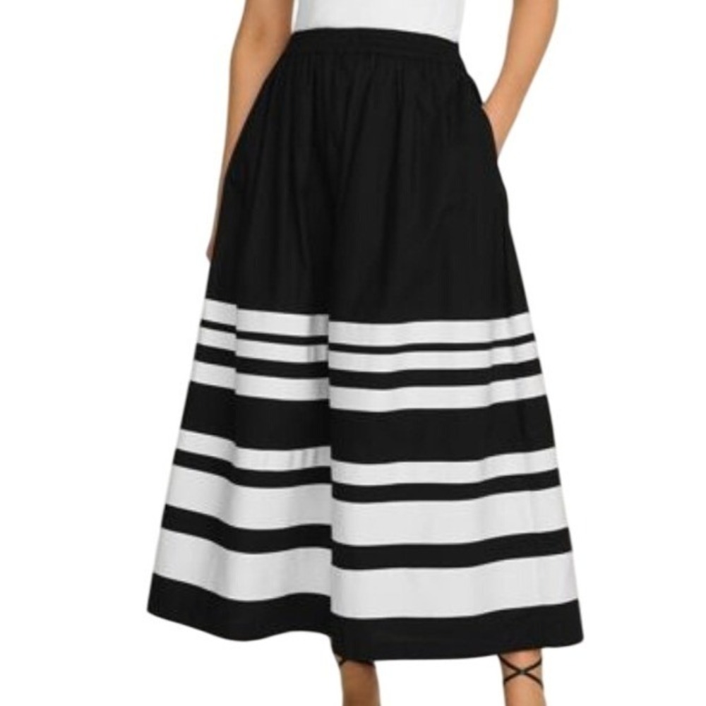 Lands' End Midi Skirt Black White M Striped Elastic Waist Pockets Casual Crisp